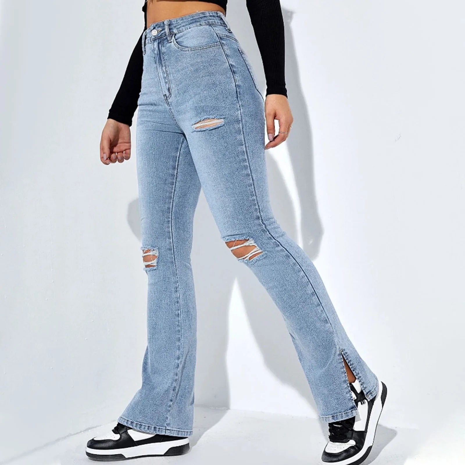 Women'S Fashion Ripped Foot Side Slit Slim Stretch Pants Jeans Pantalones De Mujer CalçA Pantalona Feminina брюки женские